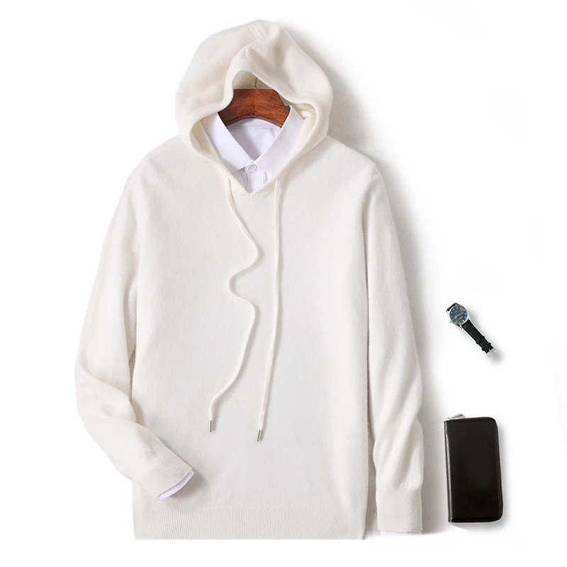

Fashion 100% Merino Wool O-Neck Solid Color Men's Hooded Sweater Pullover Cashmere Long Sleeves Clothing Comfortable Warm Top