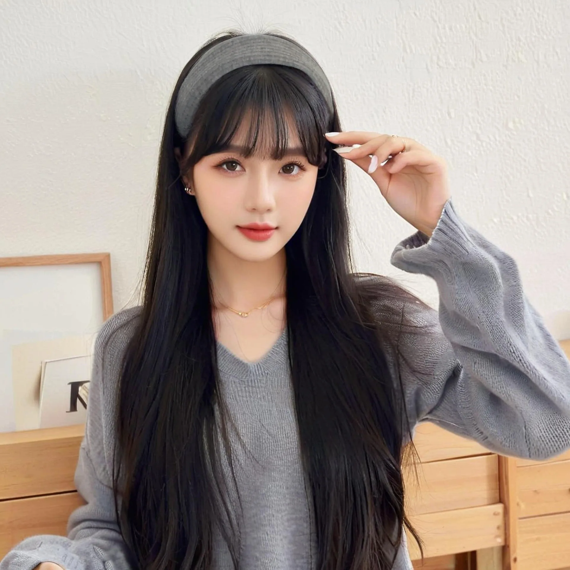 

Knitted Wide Headband Women's Synthetic Wig All-in-One Long Straight Hair Half Wig for Daily Wear