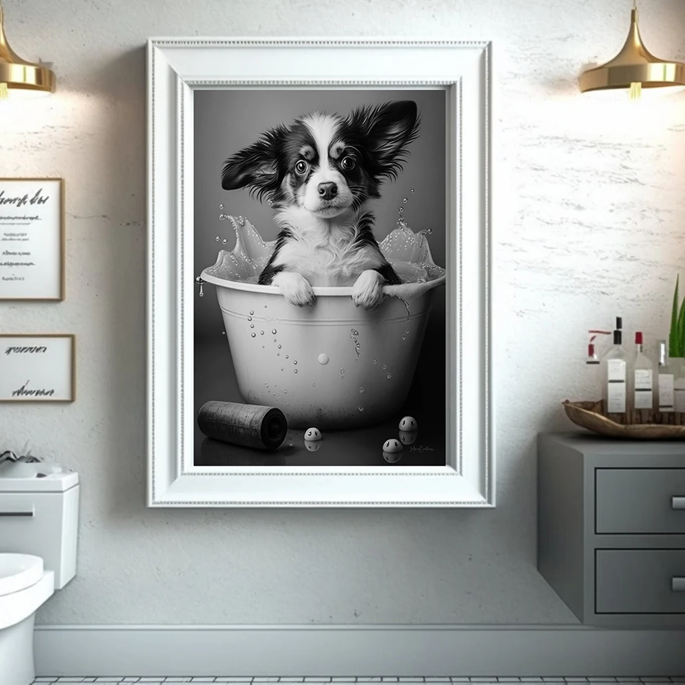 Vintage Black White Baby Dog In A Bathtub Bathroom Funny Animal Toilet Art Poster Print Canvas Painting Room Home Decor