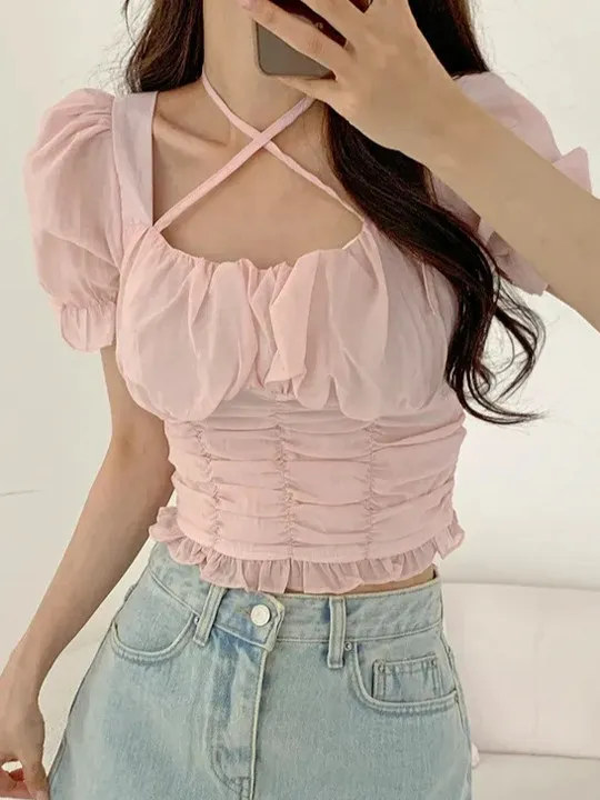 

Women's Bubble Sve Chiffon irt Sexy Ne Hanging Pleated Waist in Trend ort Sve Korean Sle Commute Pure Color