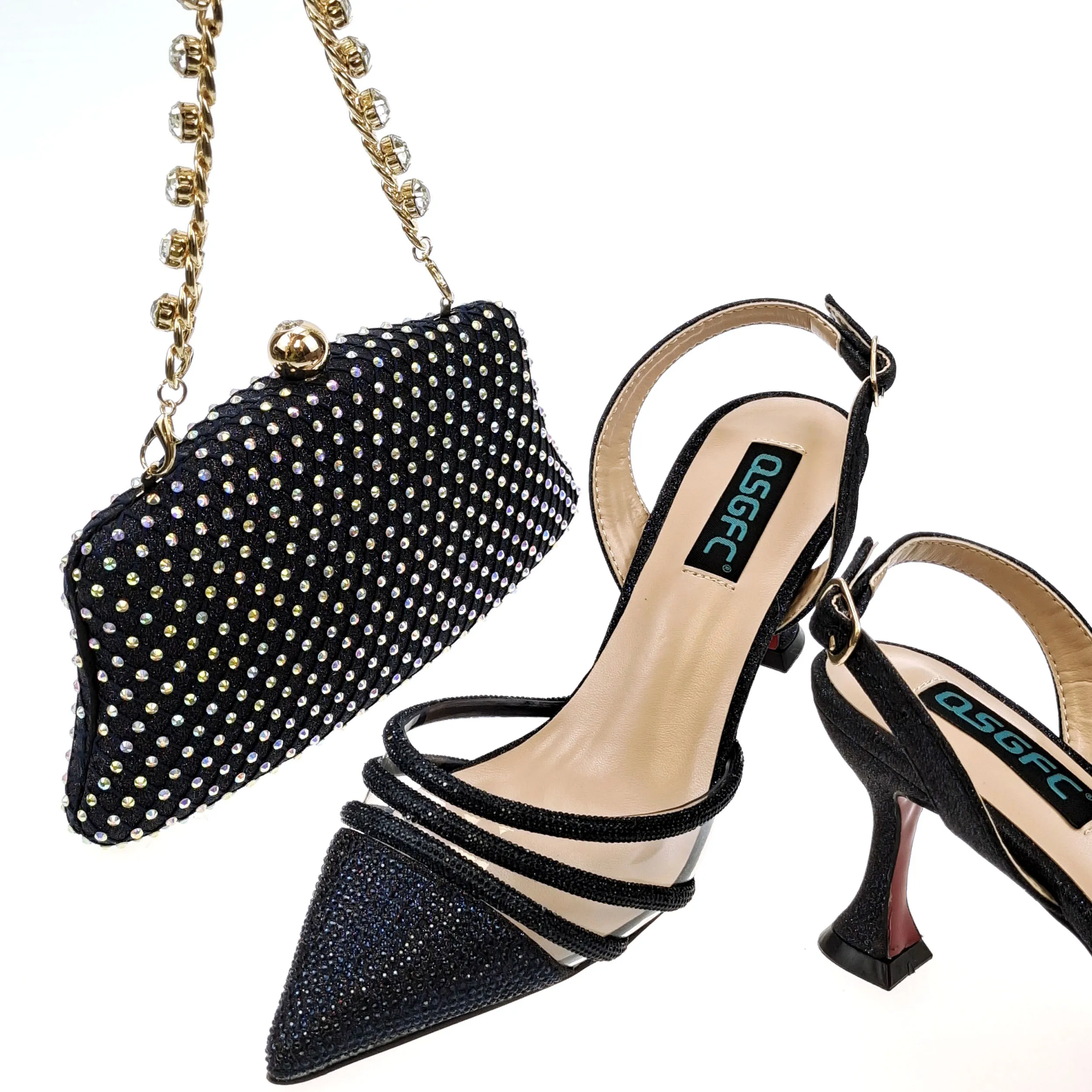 

New Arrival Fashion Party Wedding Square Button Pointed High Heels Water Diamond Shiny Sandal and Bag Set in D.Blue Color