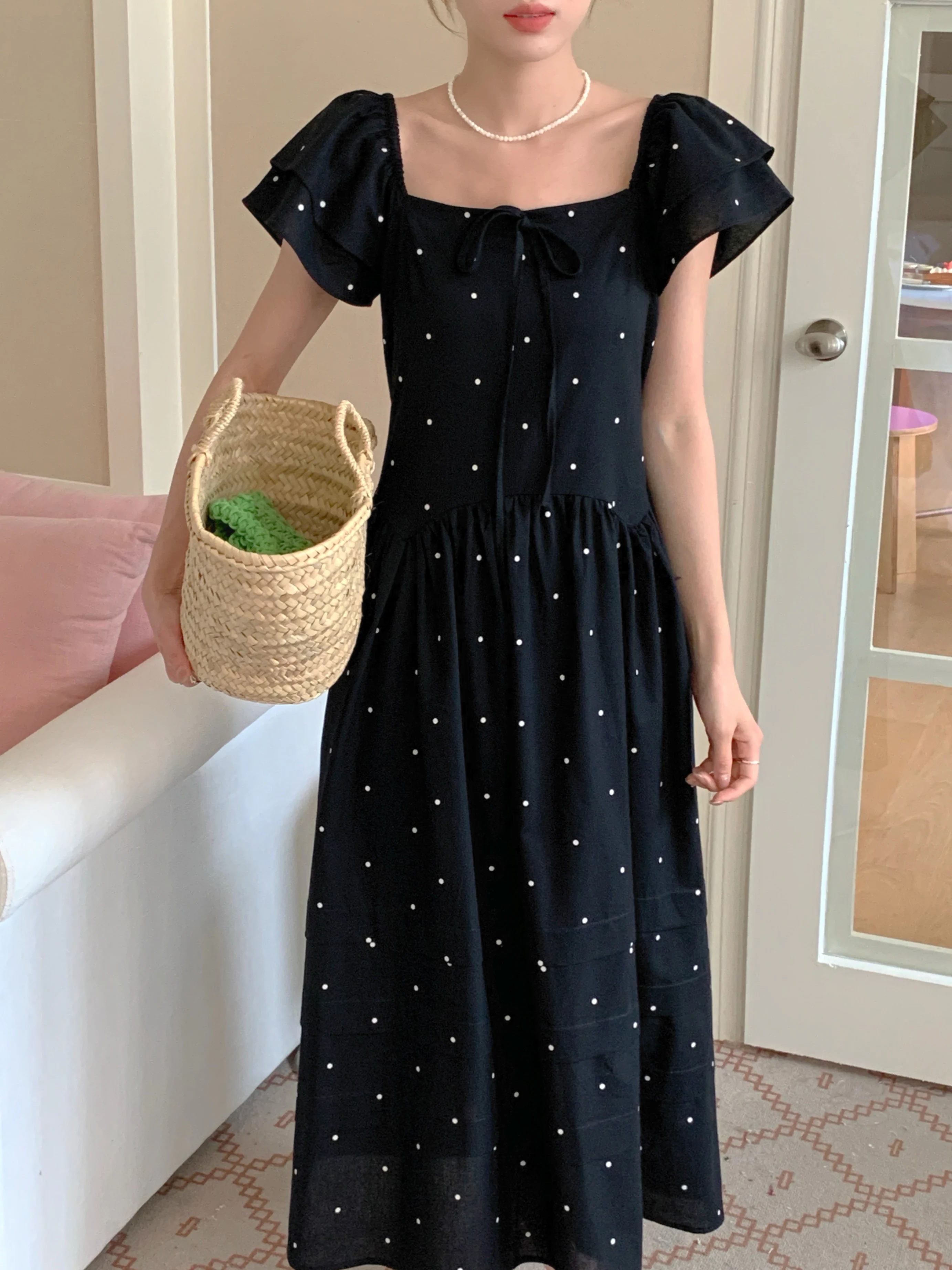 

2Colors 2025 Summer Women's Dress Floral Print Off Shoulder Midi Dresses Beach Holiday Puff Short Sleeve Dress Female(Hf3062)