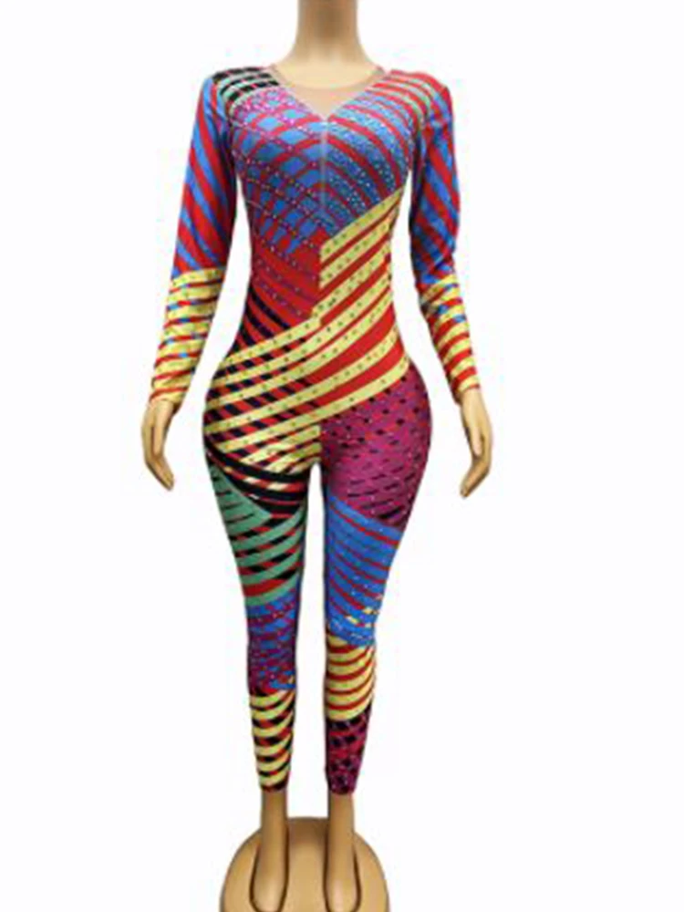 

High Quality Hot Diamond Stretch Colored Striped Jumpsuit 2024 New Fashion Customized Women'S Clothing