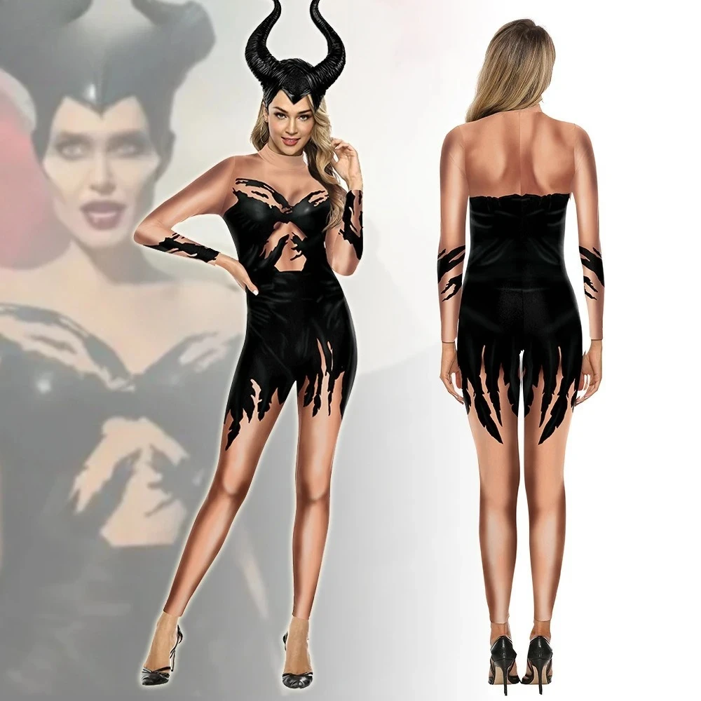 

Maleficent Cosplay Bodysuit - Women Teens Stretchy Velvet Jumpsuit with Cape & Horns, Halloween Dark Witch Performance