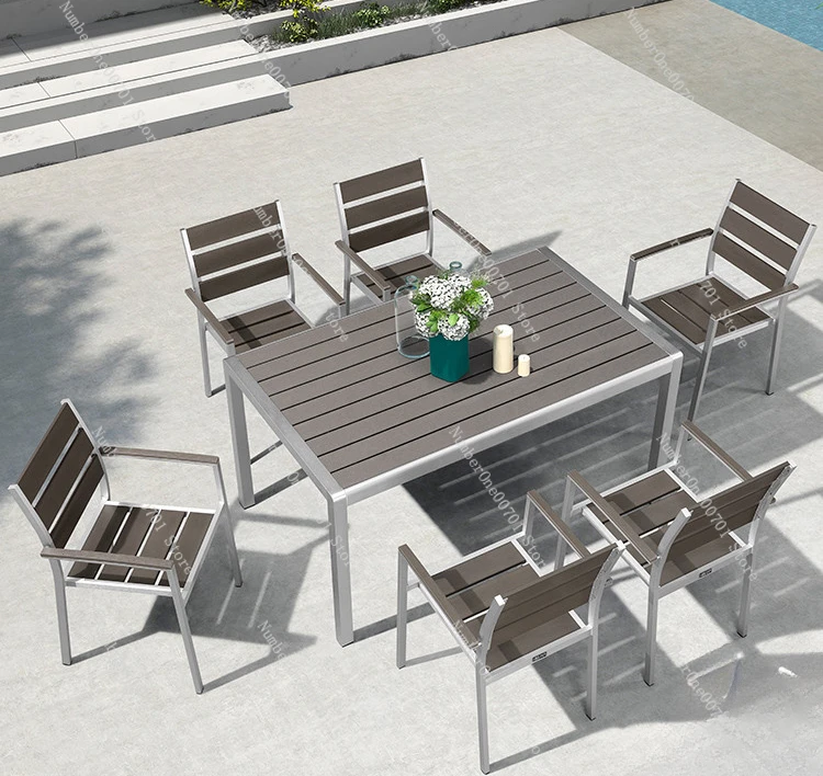 Garden table and chair combination outdoor telescopic table plastic wood leisure aluminum alloy outdoor table and chair