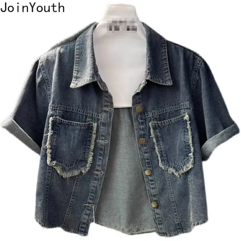 Vintage Denim Blouse Women\'s Clothing Turndown Collar Short Sleeve Shirts Streetwear Vintage Crop Tops 2024 Blusas Mujer De Moda