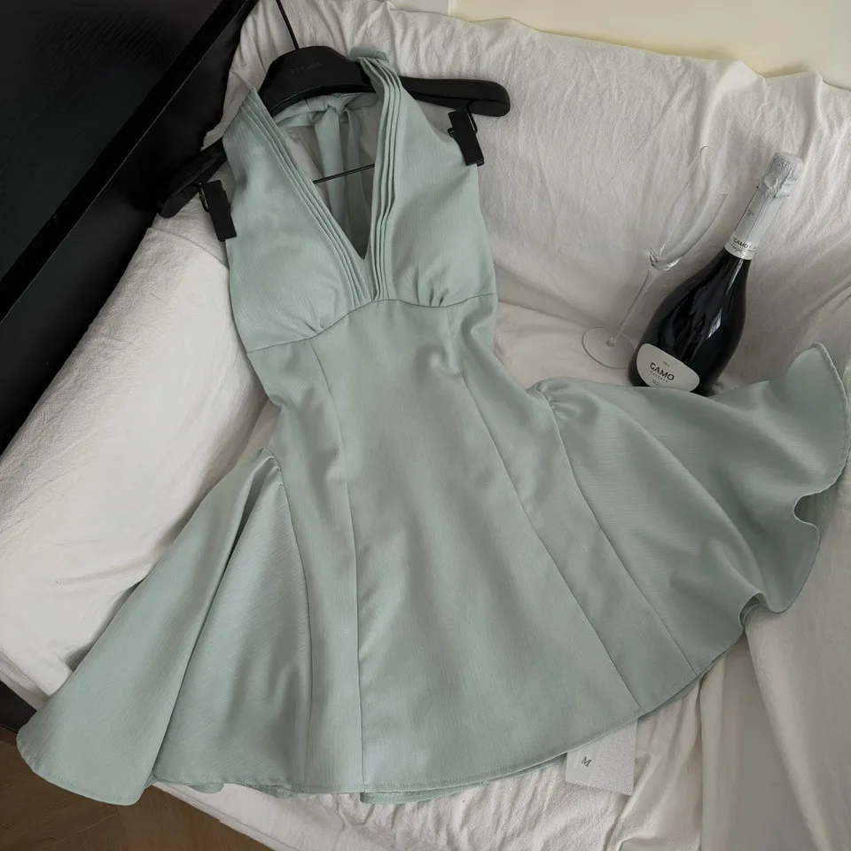 

2025 New Sexy Hanging Ne Dr Pleated V-ne Svel Bal Slimming A-line ort Skirt Polyester Fiber Busin Wear