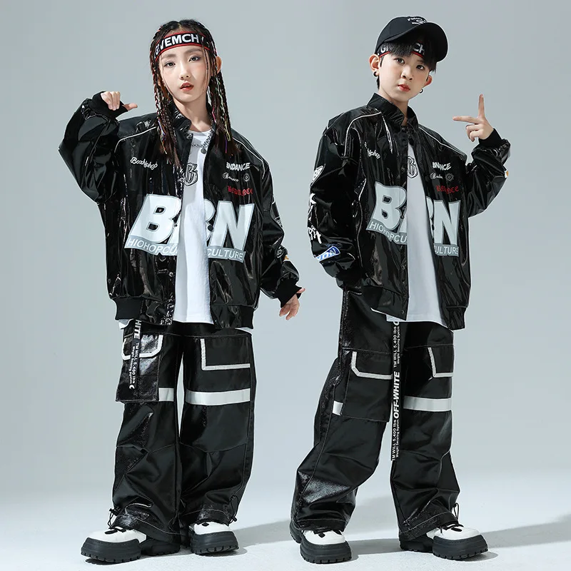 Kid Cool Hip Hop Clothing Black PU Letters Print Motorcycle Jacket Casual Wide Pockets Pants for Girl Boy Dance Costume Clothes