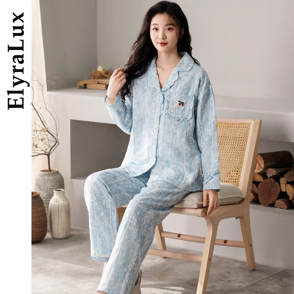 

ElyraLux Spring and Autumn New Women's Style Pajamas Homewear Suit Girls Students Long-Sleeved Sweet Pajamas Loose Homewear ﻿