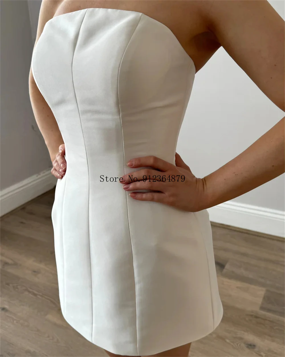 Customized Strapless Satin Wedding Dress with Structured Bodice Elegant Short Bridal Gown for Modern Brides Chic Minimalist
