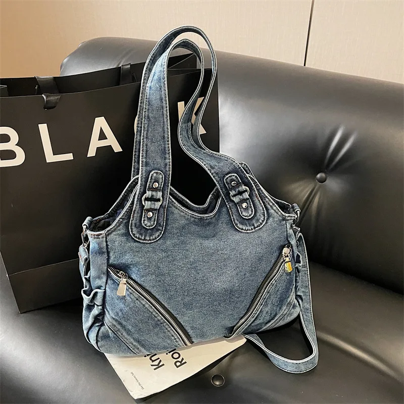 

Korean Style Retro Washed Denim Tote Bag Large Capacity Commuter Crossbody Bag Fashion Versatile high quality Shoulder Bag