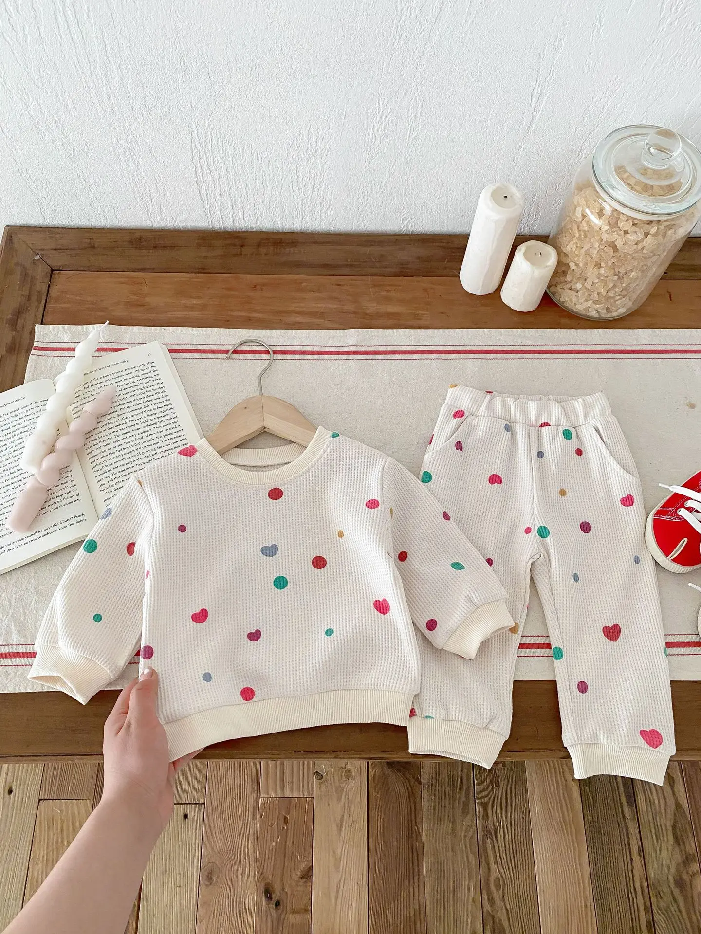 2024 Autumn New Baby Waffle Sweatshirt Set Toddler Boy Girl Dot Print Pullover + Casual Pants 2pcs Suit Infant Casual Outfits