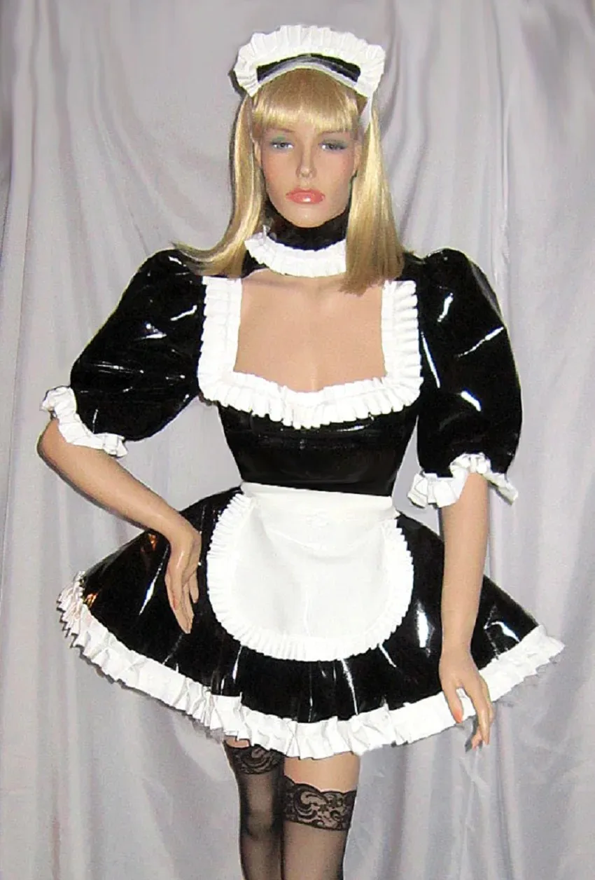 

Lockable Sissy Dress PVC Maid Cosplay Black Square Neck Apron Costume Party Dress Customized Adult Glamour Halloween Costume