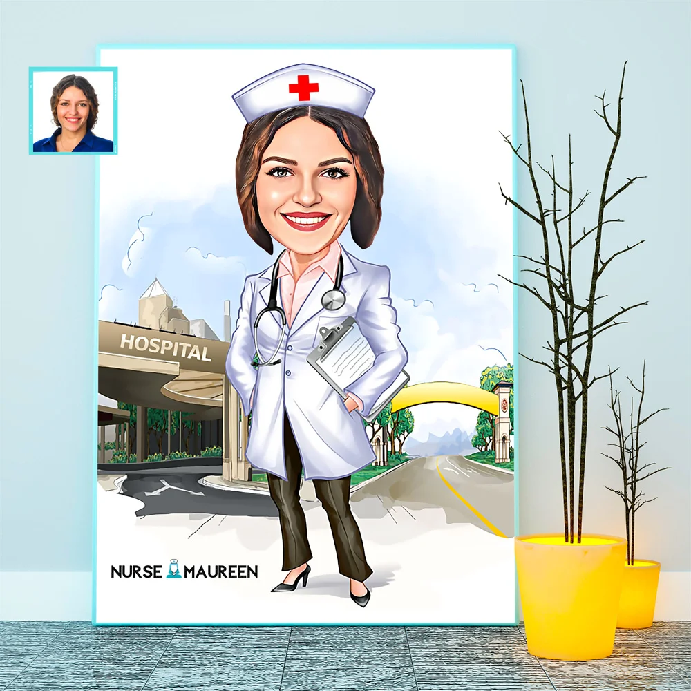 Doctor Cartoon Portrait Custom Poster Dentist Caricature Custom Portrait Gift Personalized Nurse Portrait Prints Canvas Painting