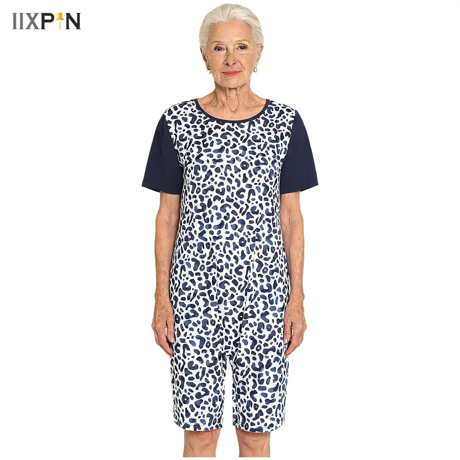 Adults Women Special Needs Adaptive Jumpsuit Print Short Sleeve Buttoned Crotch Bodysuit for Elderly Dementia Alzheimer Patients