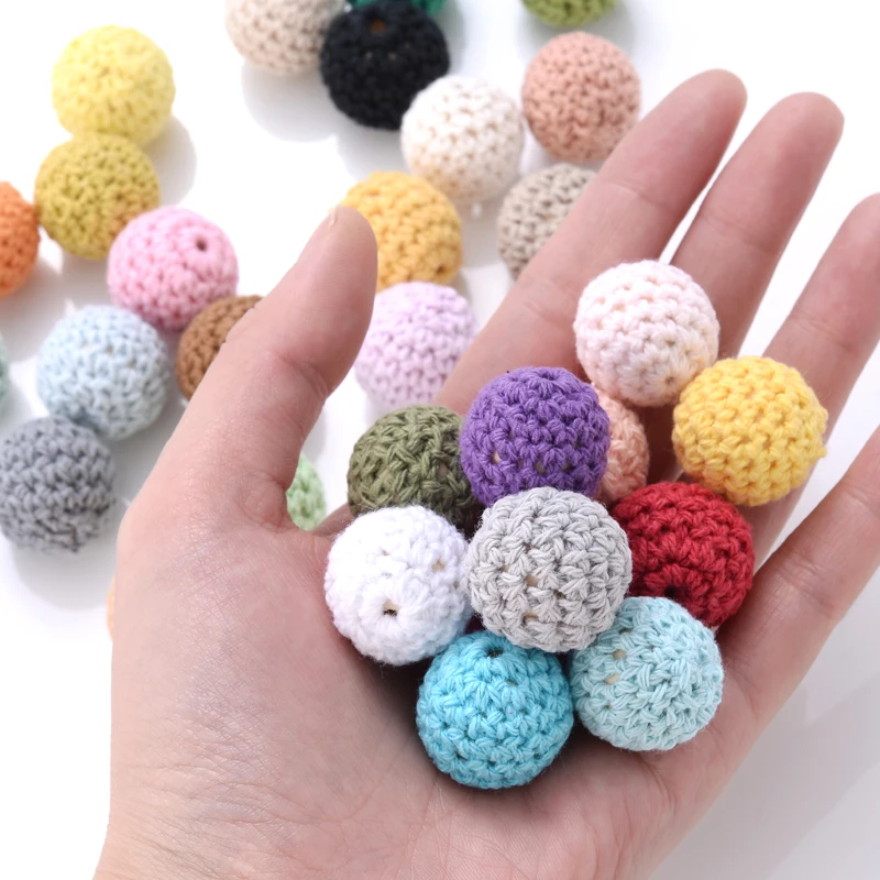 16mm 10pcs Colorful Crochet Beads Knitted By Cotton Thread Woolen Yarn For DIY Fit Decoration Baby Pacifier Chain Accessories