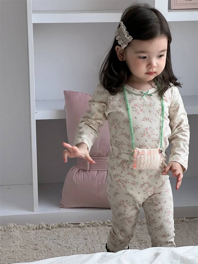 2024 Autumn New Baby Girl Floral Tops + Pants 2pcs Suit Infant Long Sleeve Cotton Pajamas Set Kids Girls Home Clothes Outfits