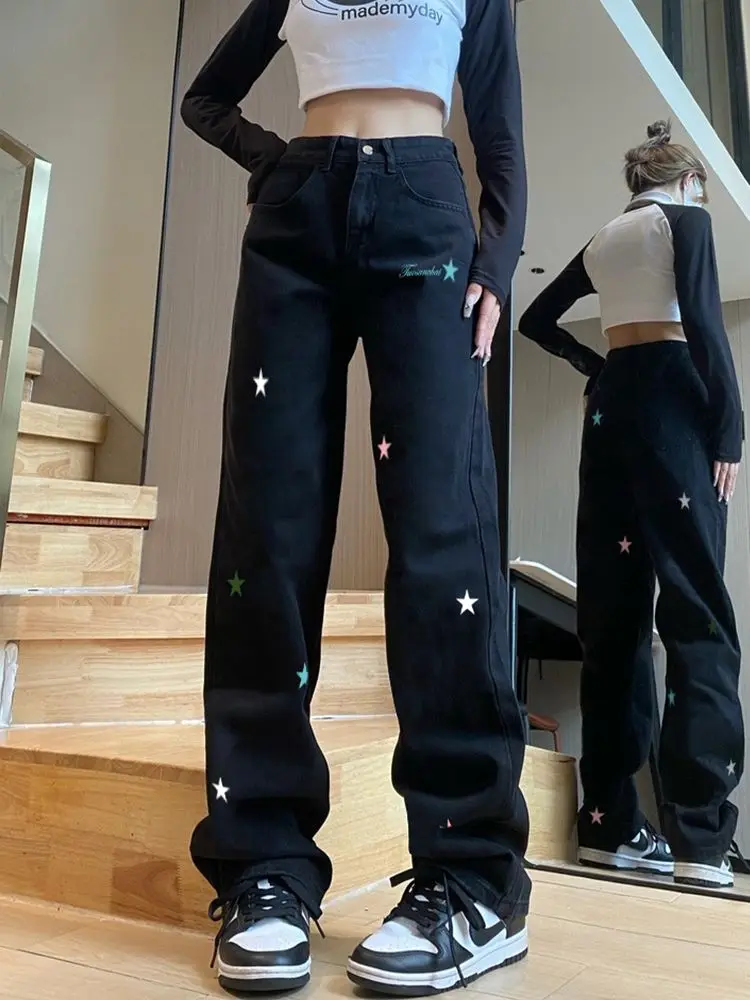 Women's High Waist Straight Leg Jeans American Vintage Baggy Denim Pants Loose Wide Leg Trousers Casual Y2k Streetwear