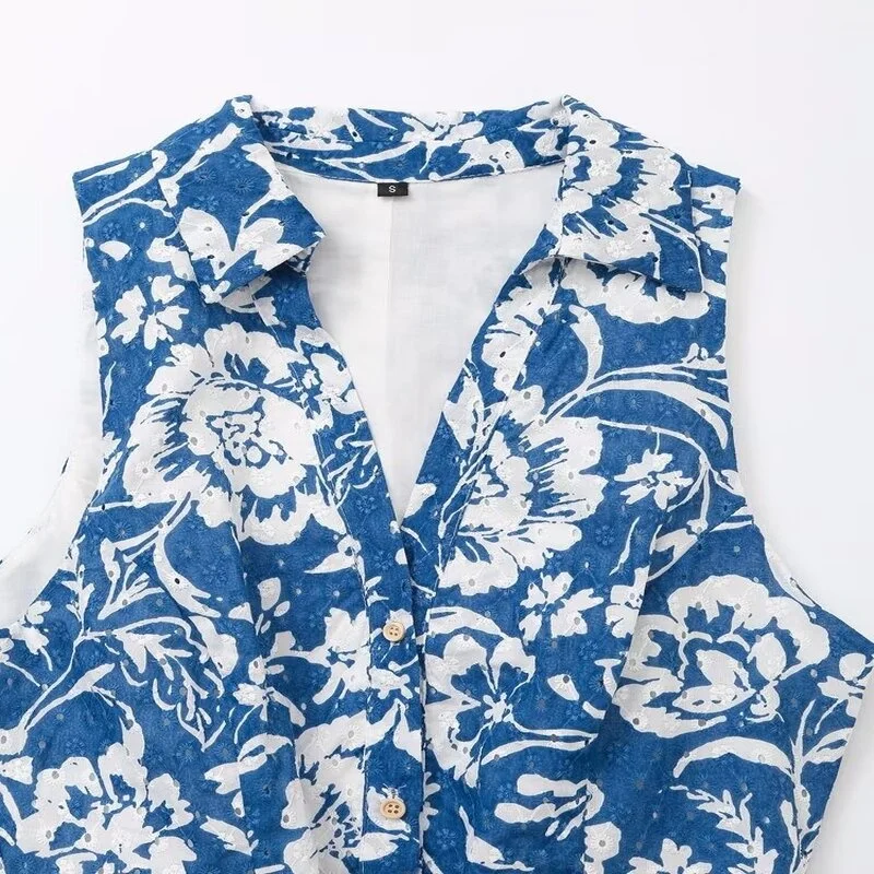 新しい夏 2024 女性の刺繍中空アウト V ネックミニスカートエレガントなノースリーブドレスファッショナブルな通気性の服