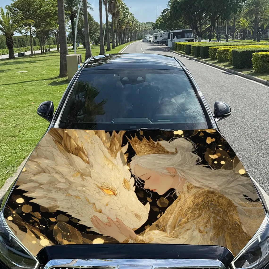 

Golden Patterned Divine Dragon and Delicate Girl Car Vinyl Wrap, PVC Material Waterproof Car Hood Sticker, Self-Adhesive Scratch