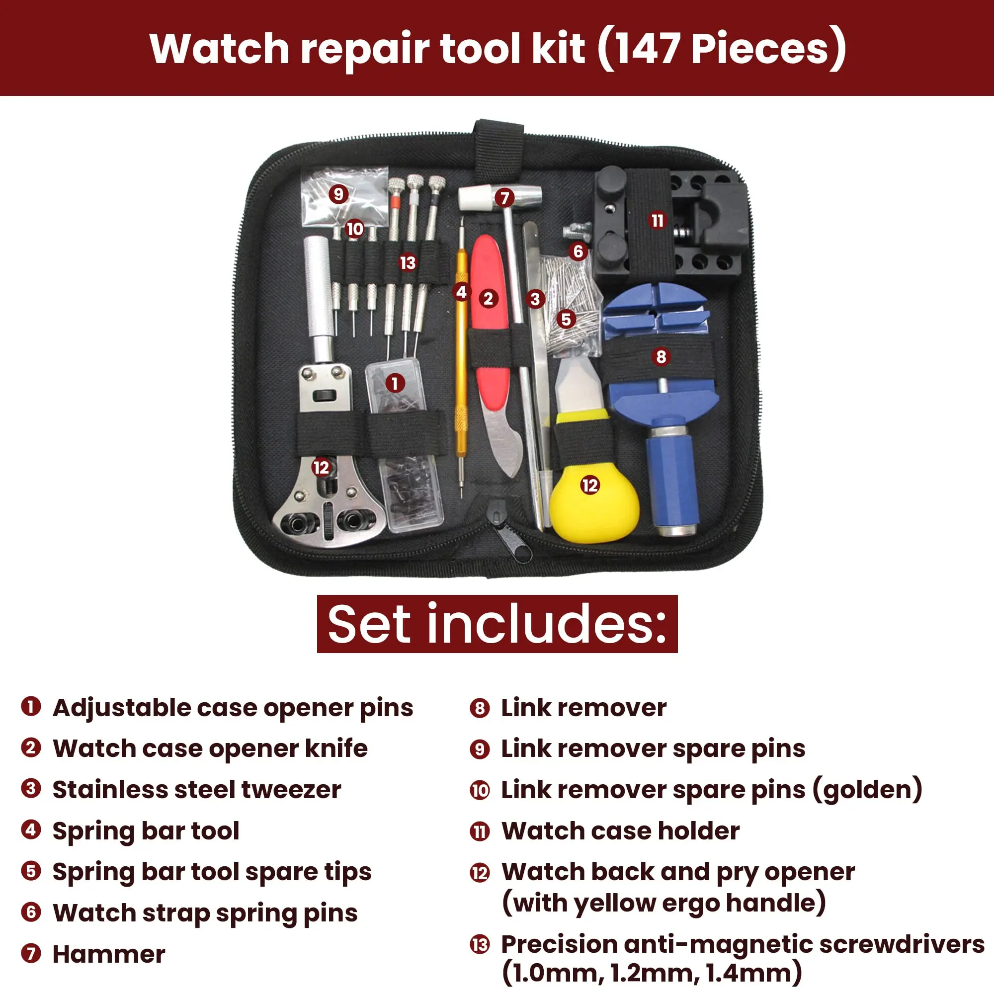 147 PCs Watch Repair Tool Kit Set Professional Spring Bar Tool Set Watch Link Pin Tool Back Opener Remover Watch Maintance Kits