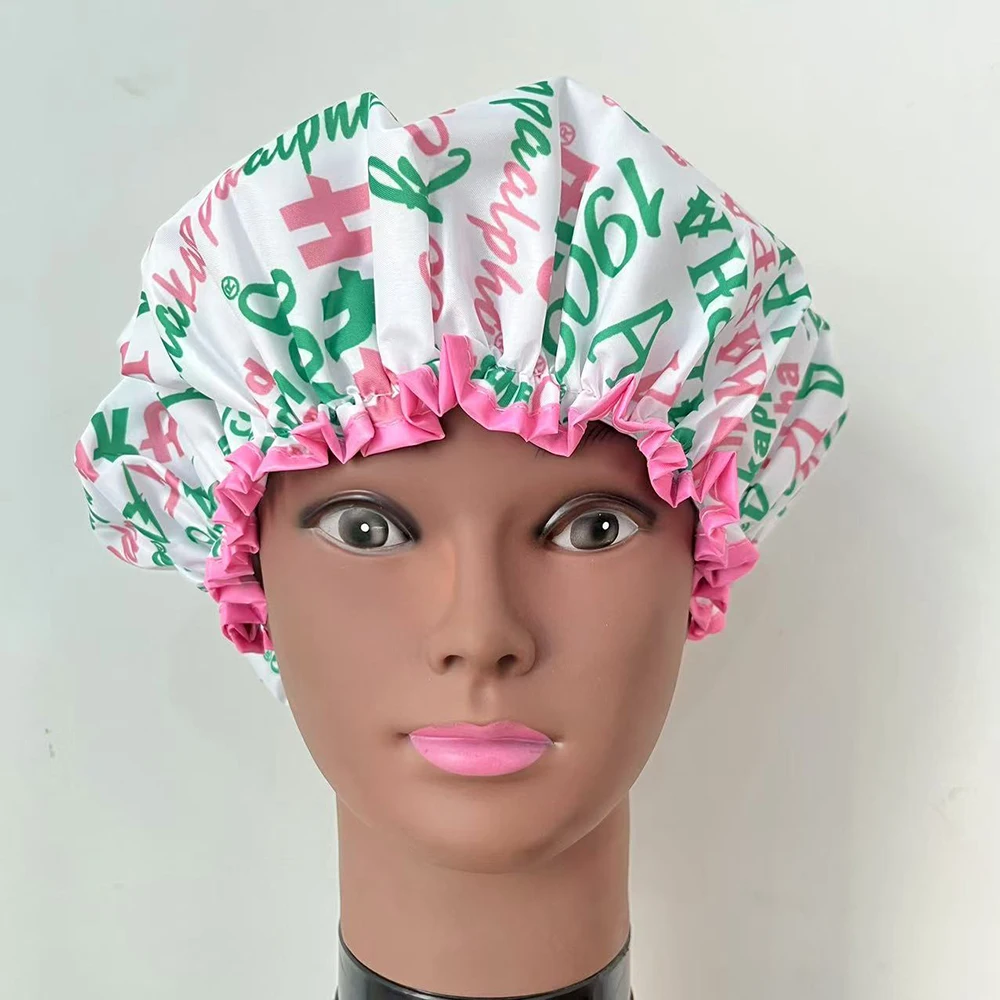 Alpha Pink and White Shower Cap Features Organization Name and Feminine Greek Letters
