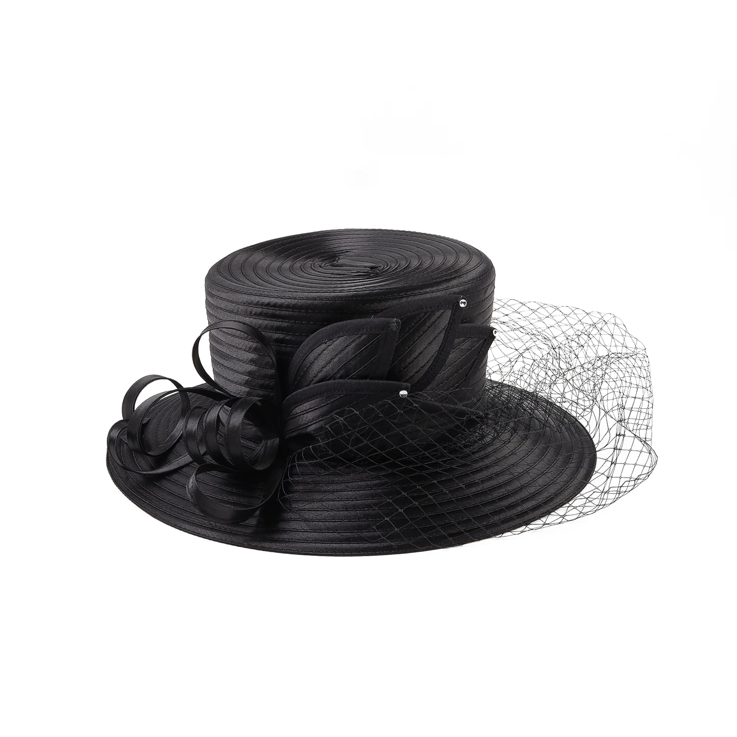 Premium Fancy Black Satin Cloth Church Hat Formal Photography Hats Chains Fashion Flower Wedding Top Hat for Women Ladies Girls