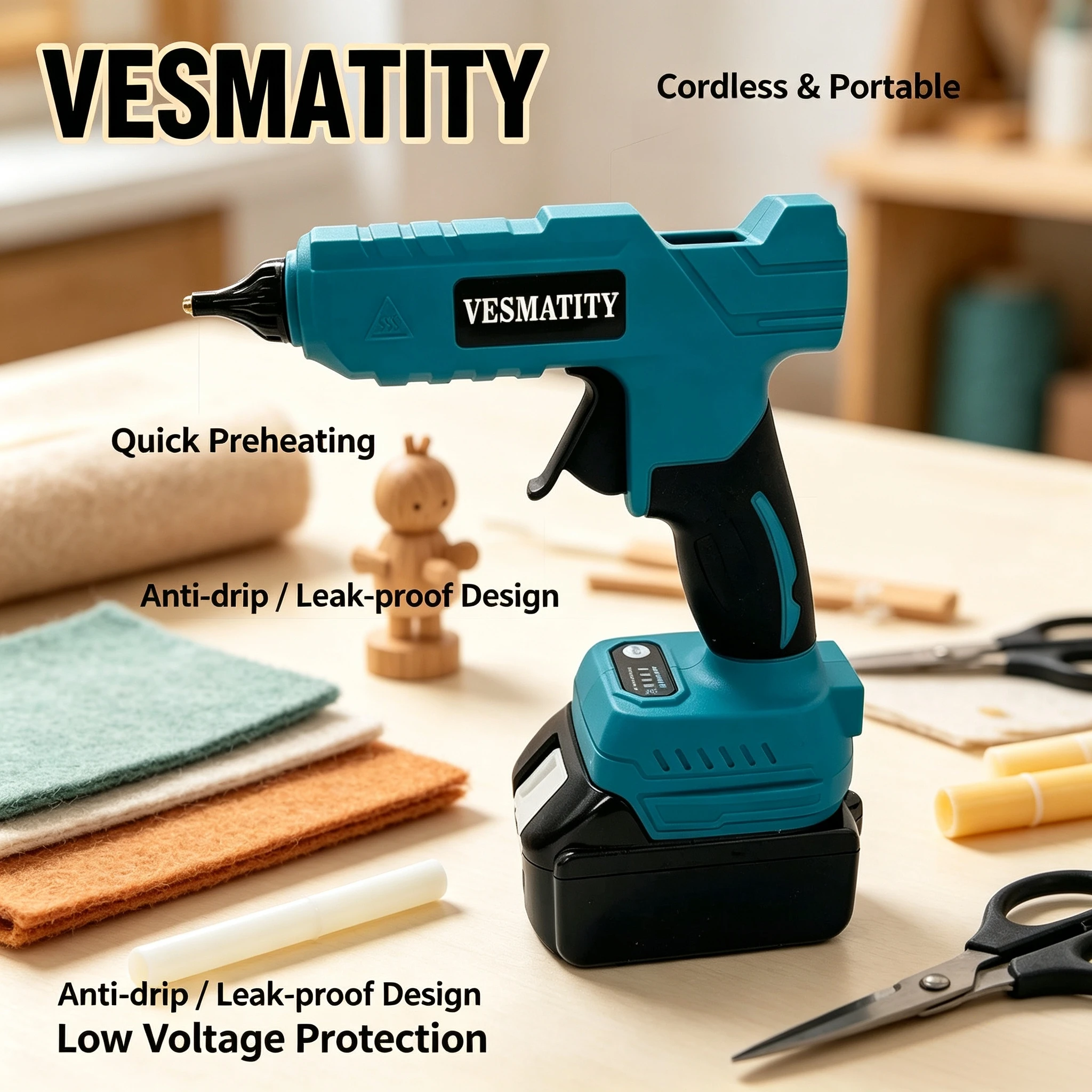 VESMATITY Handheld Cordless Hot Glue Gun 18V 20V Anti-scald Electric Melt Tool for Home Repair DIY Max Pro System