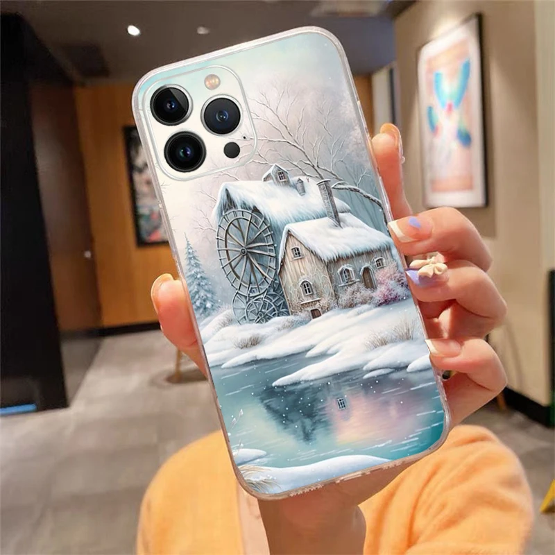 Christmas Winter Snow House Deer Phone Case For iphone 15 14 13 12 11 Pro Max XS Max XR X 12mini 14 Plus Shell Case Funda