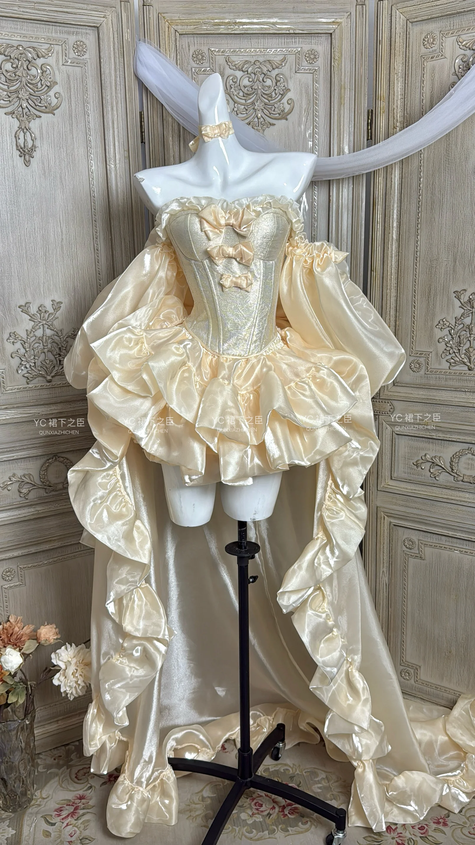 Abito da banchetto per cerimonia di compleanno di arrivo, gonna da principessa gonfia, top + gonna pantaloni + fiocco grande coda