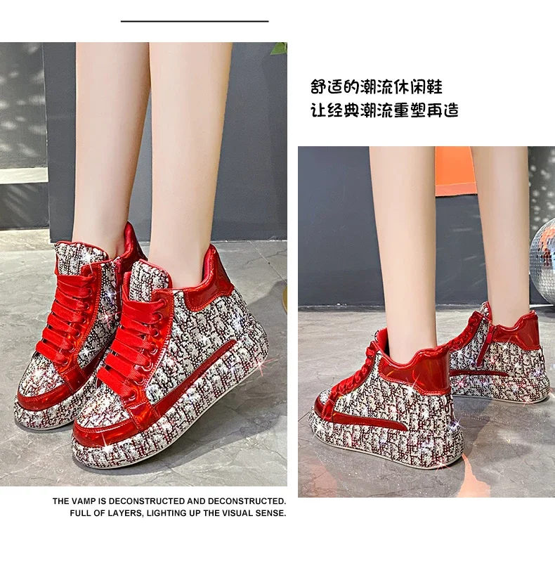 Women's Full Diamond Platform Sneakers Personalized Water Diamond Colored Embroidery Casual Shoes High Top Luxury Sports Shoes