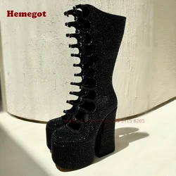 Embellished Suede Platform Knee-High Boots Chunky Heel Rhinestone Multi-Buckle Women's Boots Crystals Bling Luxury Shoes Winter