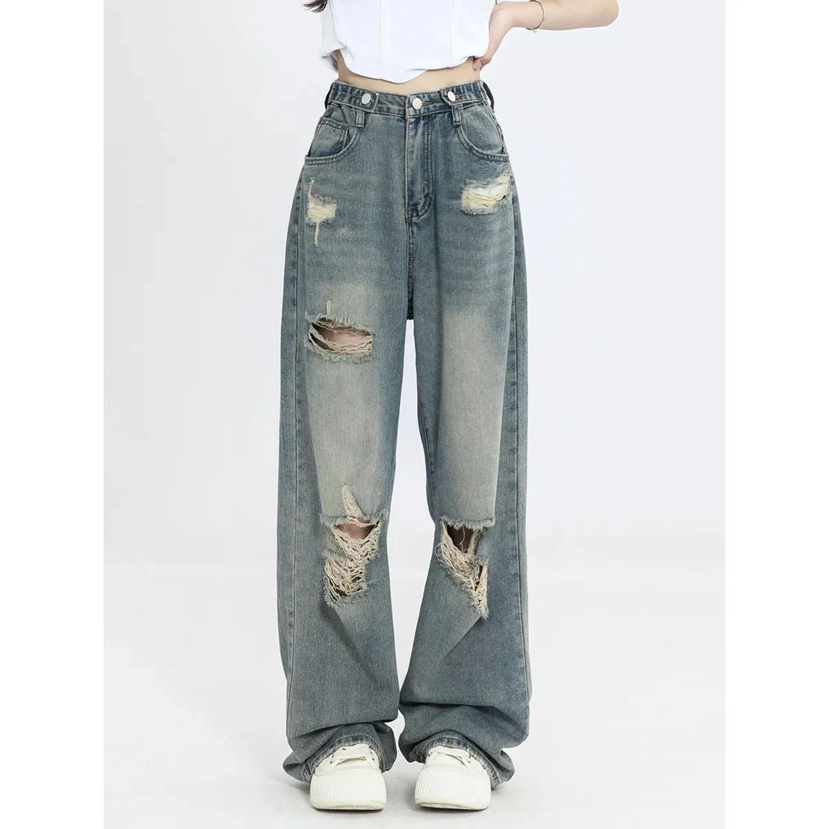 

Vintage Baggy Ripped Jeans Women Fashion Wide Leg High Waist Straight Pants Hip Blue Denim Mom Jean Casual Streetwear Trousers