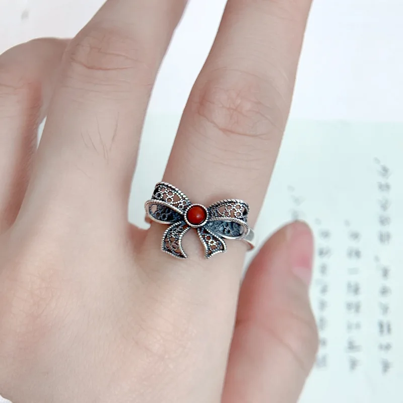 

Langyan 925 Sterling Silver Bowknot Ring for Women Girls Ethnic Vintage Bow Handmade Silver Adjustable Hand Jewelry JZ159