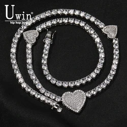 Uwin 3 Heart Necklace Drip Necklaces for Women 4mm Tennis Chain With Butterfly Pendant Iced Out Cz Hip Hop Jewelry Gift