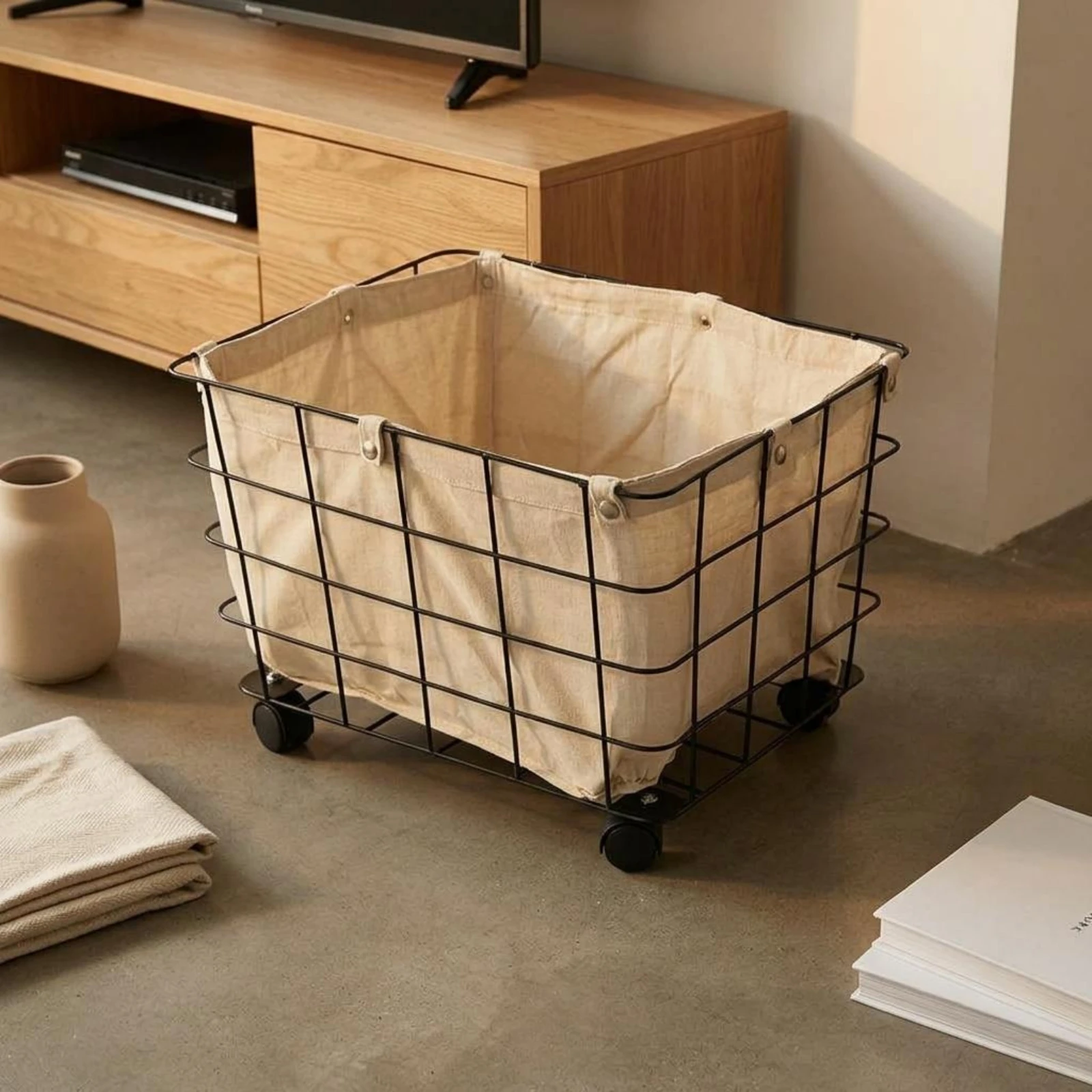 Rolling Wire Storage Basket Removable Liner Wire Rolling Basket Canvas Lined Basket Rectangular Multipurpose for Playroom