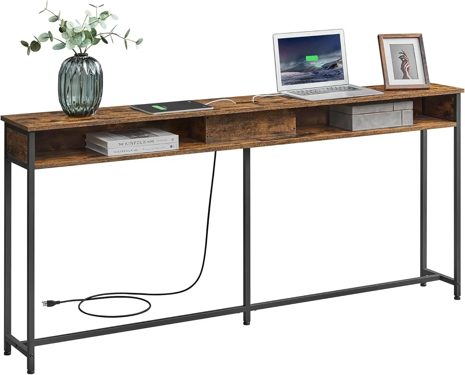 

70.9-Inch Console Table with Outlet and Shelves, with Charging Station, Behind Couch Table Skinny