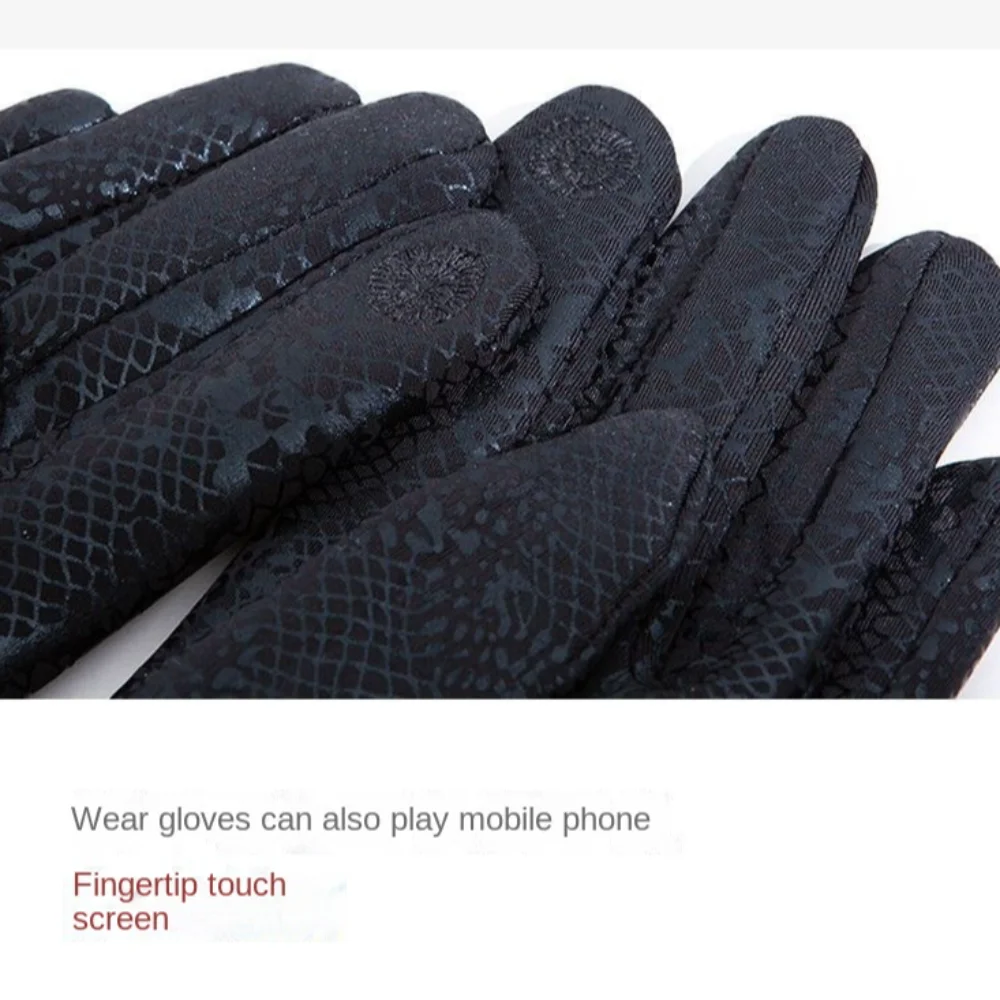 Faux Leather Full Finger Motorcycle Gloves Snake Skin Patterned Waterproof Winter Outdoor Cycling Gloves Touch Screen Warm