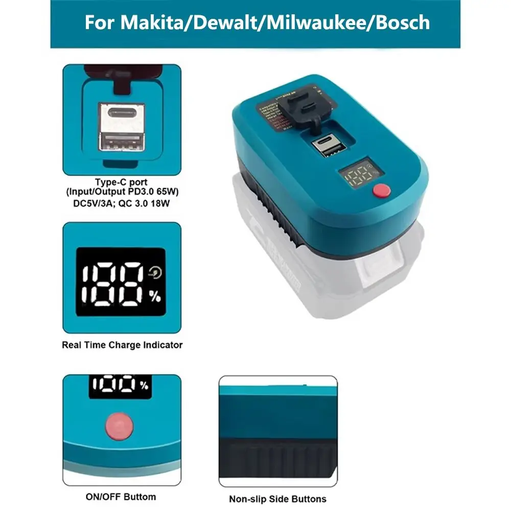 65W Battery Converter Adapter with Type-C Port and USB Port Portable Quick Charge Adapter for Makita/Dewalt/Milwaukee/Bosch