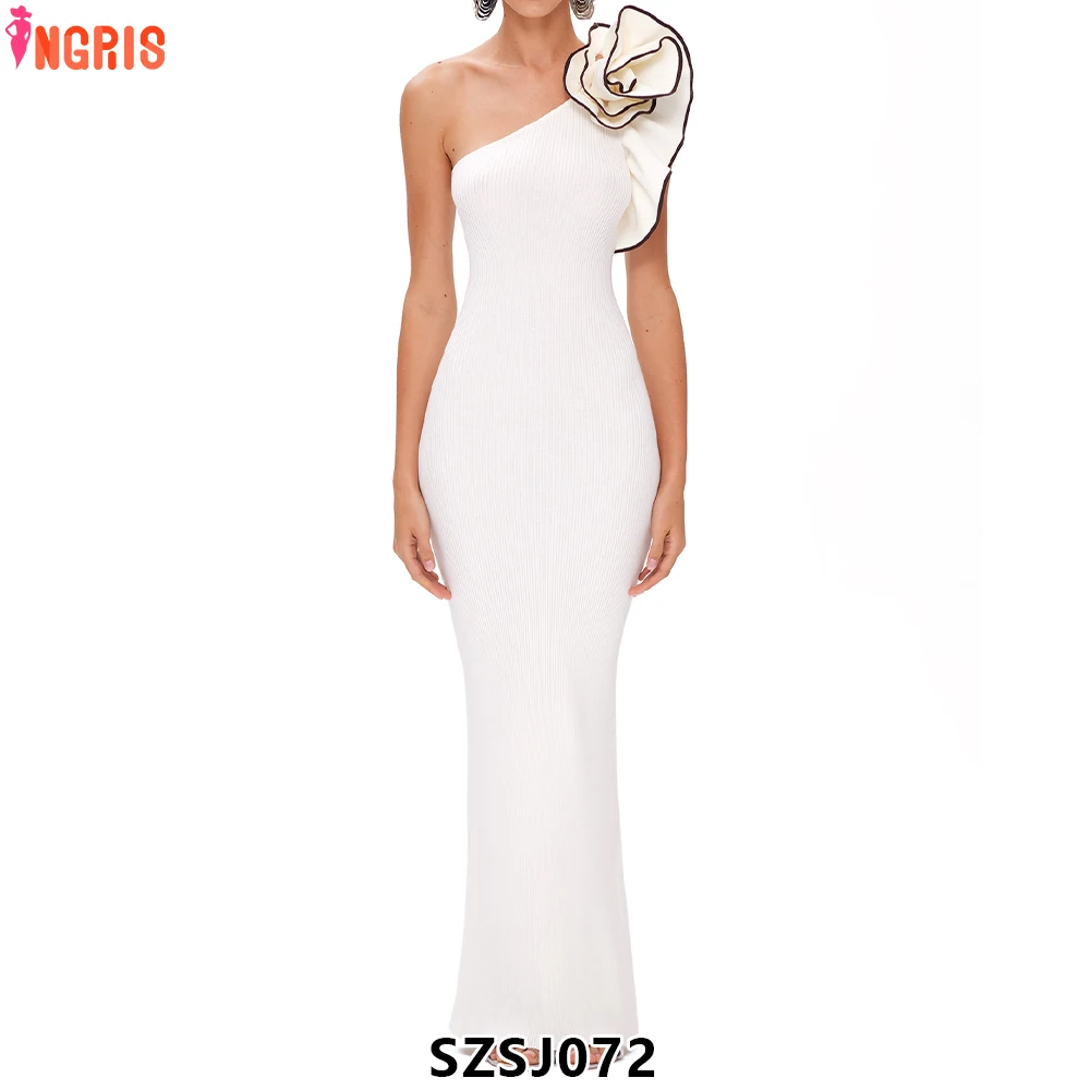 

2025 Elegant Evening Dress Bandage One Shoulder Slim Ruffles Women Maxi Dress-SZSJ072