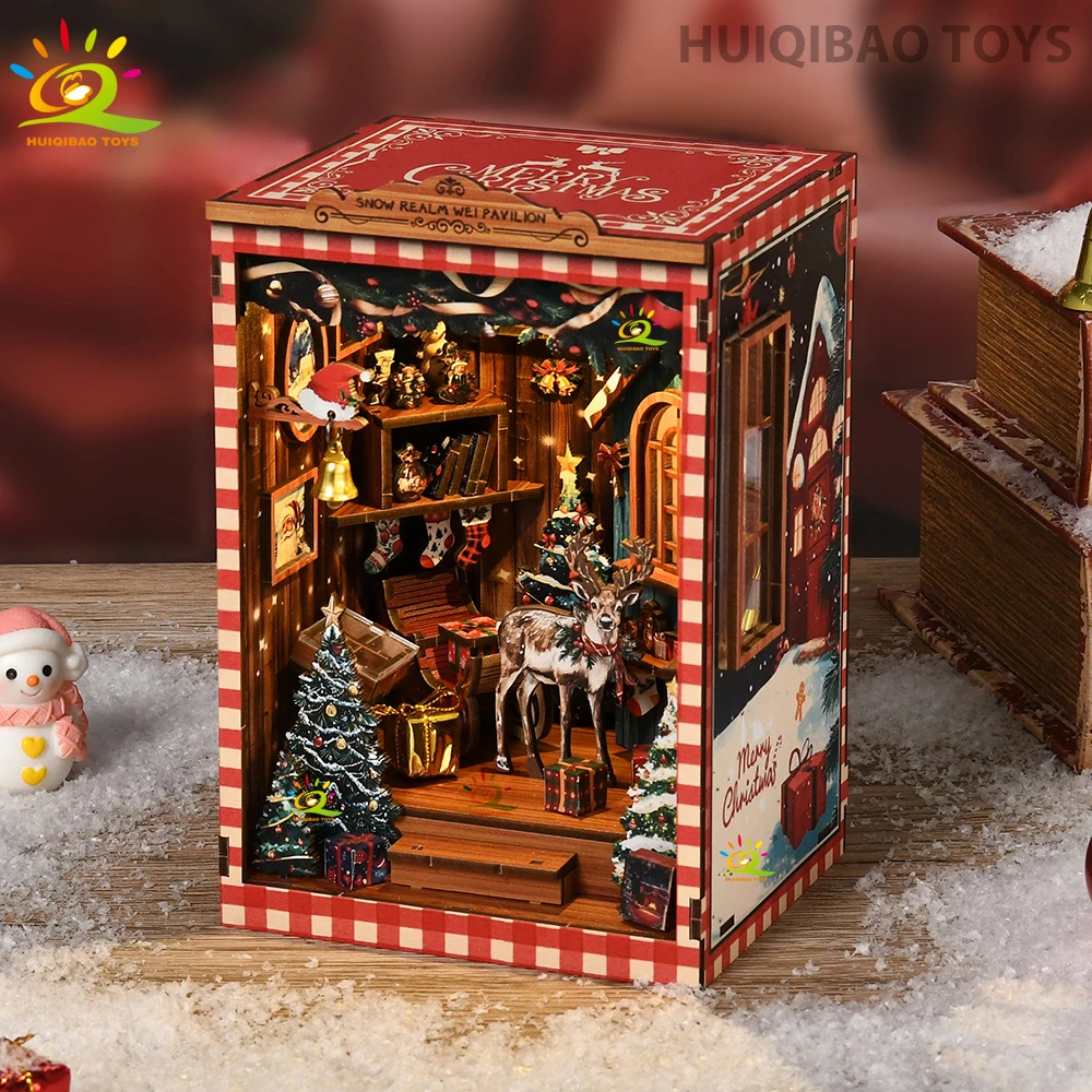 HUIQIBAO Vintage Christmas Reindeer Loft DIY Desktop Building Scene Adult 3D Puzzle Shelf Insert Collectible Decoration Toys