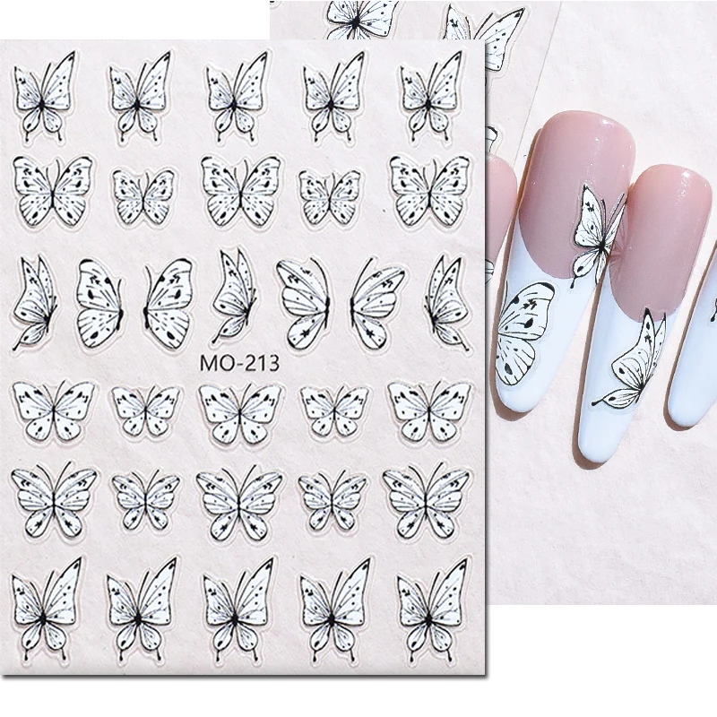 Autocollants pour ongles en relief 5D, papillons blancs au clair de lune, curseur adhésif, décorations pour manucure