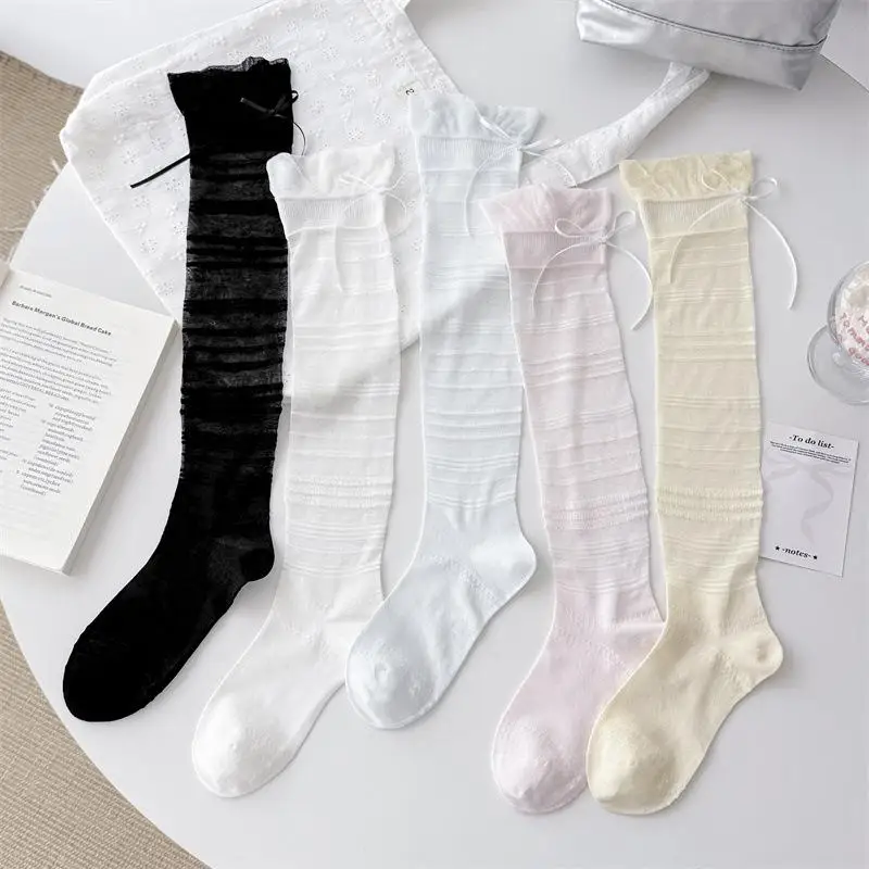 Damen-Overknee-Socken aus transparentem Netzstoff mit Schleife, perfekt für Balletcore-Mode – Detail 6