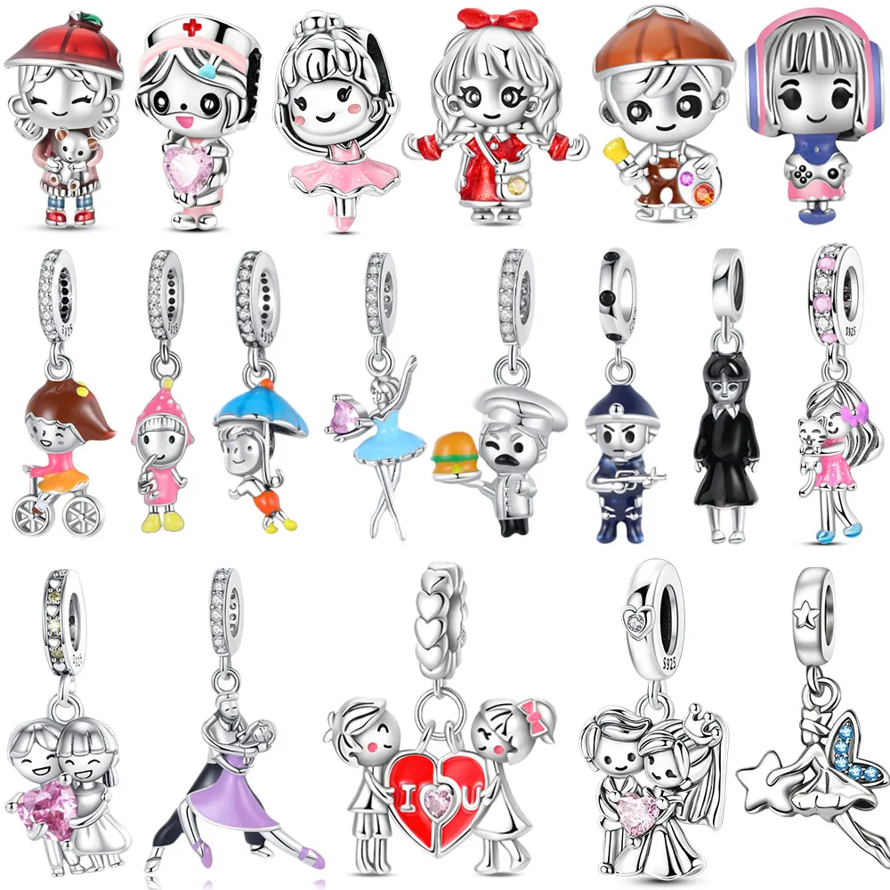 New 925 Sterling Silver Enamel Cartoon Character Dangle Charms Cute Ballerina Nurse Painter Girl Doll Beads Fit Bracelets Gift