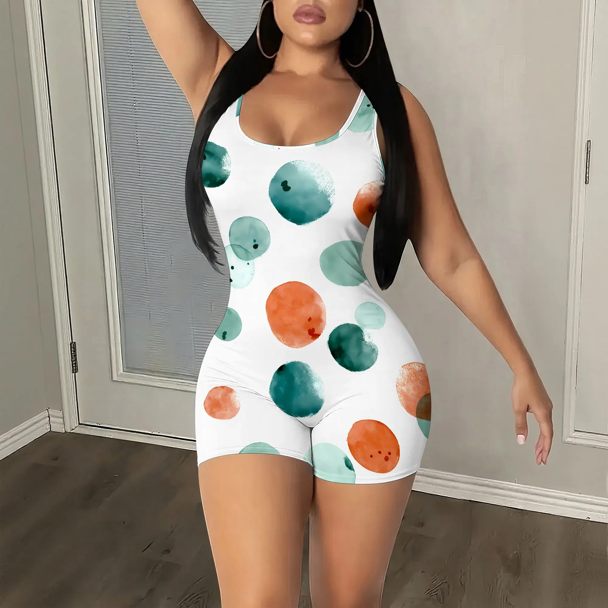 Watercolor Polka Dot Print Jumpsuit, Sleeveless Romper, White Base with Teal and Orange Spots, Summer Beach Vacation Wear, S-2XL