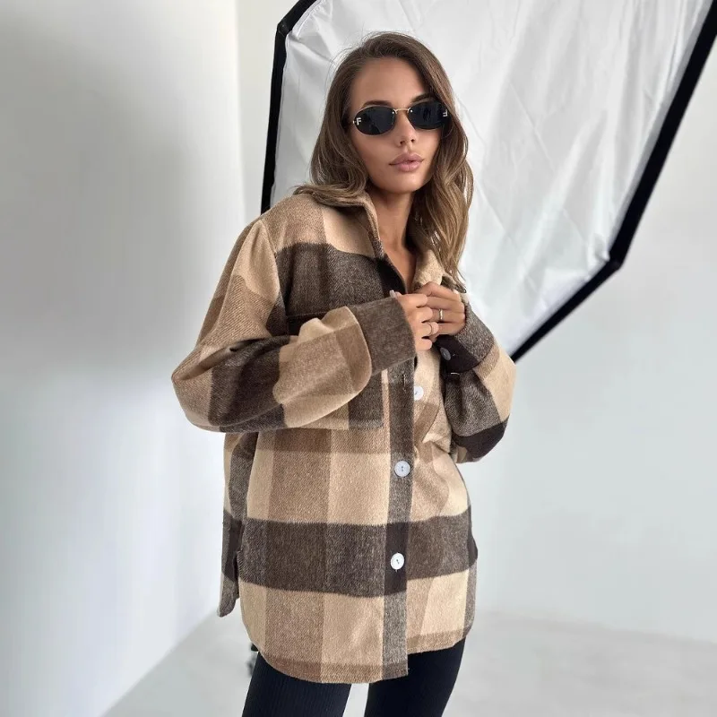 2025 Autumn Oversize Long Sleeve Women Basic Plaid Shirt Minimalist Button Up Brushed Blouses Casual Warm Cardigan Coat