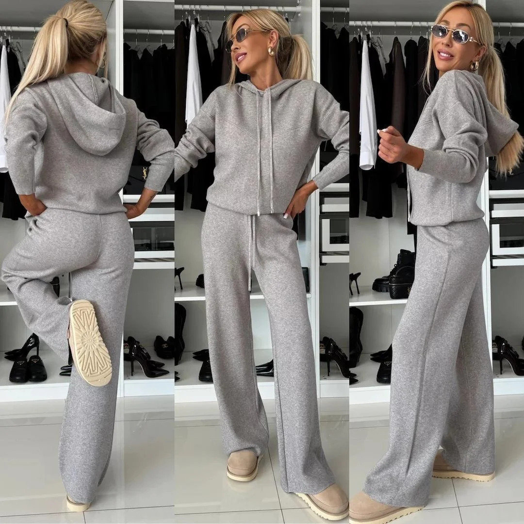 เสื้อสเวตเตอร์มีฮู้ดยาวสำหรับผู้หญิงพร้อมเชือกผูกแฟชั่นลำลองสวมใส่สบายสีพื้นแบบต่อผ้าคอลเลคชั่นฤดูใบไม้ร่วง