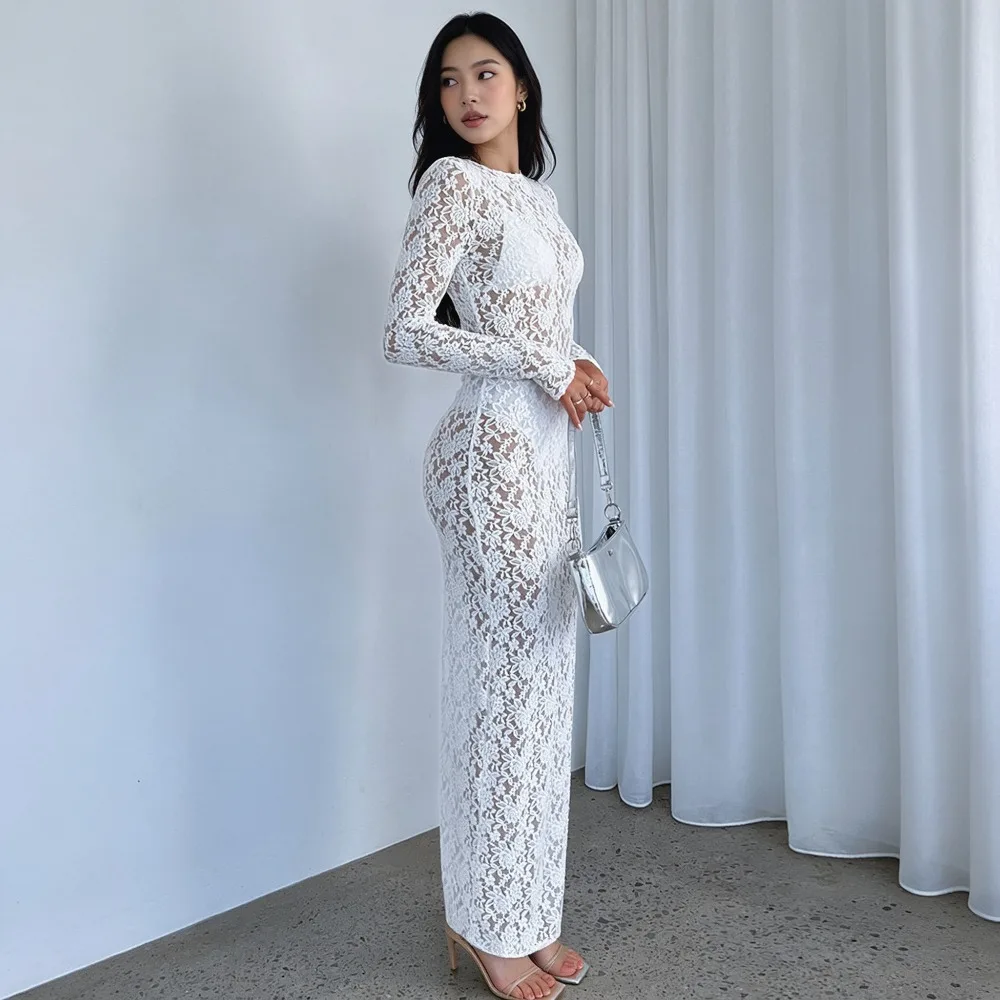 2026 New Lace Sheer Maxi Dress, Long-Sleeve Fitted Sexy  Pattern Women's Dress, Vintage Birthday Party Evening Long Dresses