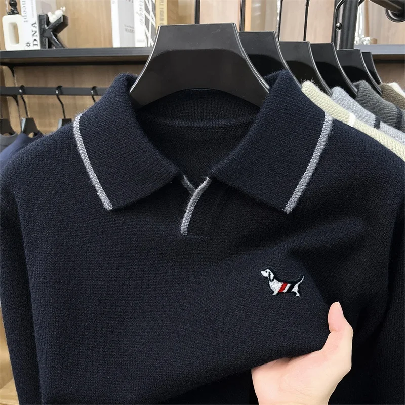 Luxusmarke Herren-Poloshirt mit Stickerei-Print, Herbst Neuheit, Einfarbig, Langarm, Revers-Strick-T-Shirt, Modische Business-Herrenbekleidung – Detail 6