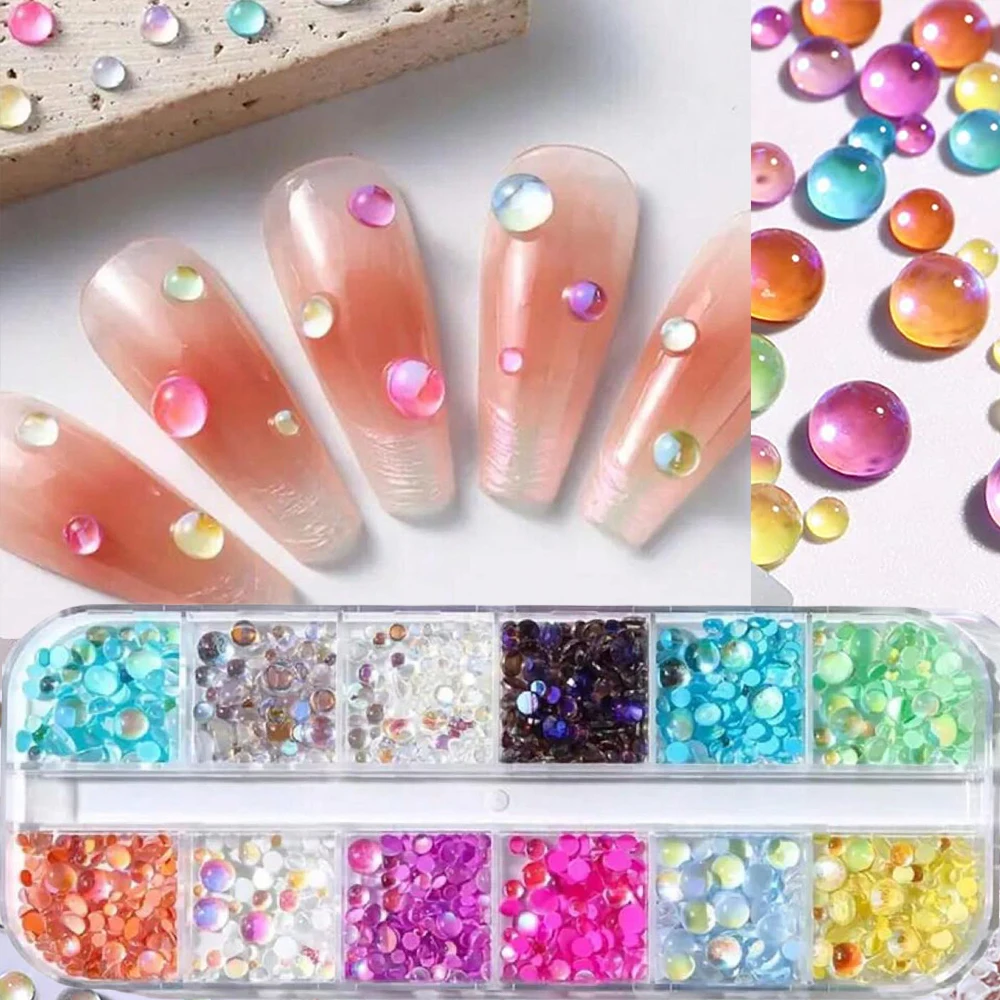 12 Grids Bubble Mermaid Half Round Beads Nail Charms Mixed 3D Acrylic Aurora Colorful Flat back Gems Charms Manicure Accessories